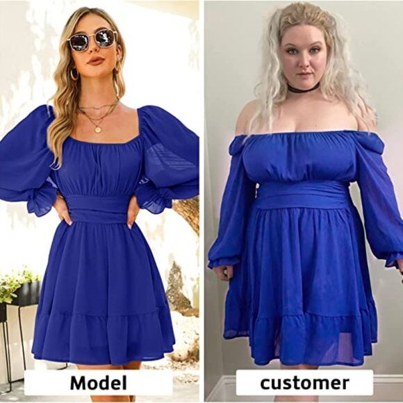 Summer Dresses Long Lantern Sleeve Square Neck Ruffle Elastic Waist Aline Casual - Picture 2 of 6